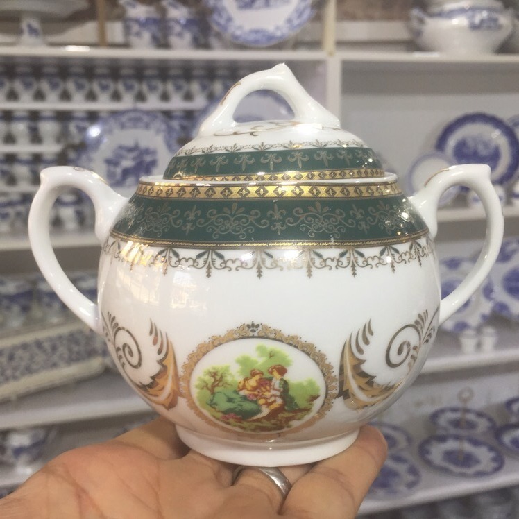 قندان دسته دار چینی پردیس کاشان طرح لیلی و مجنون سبز