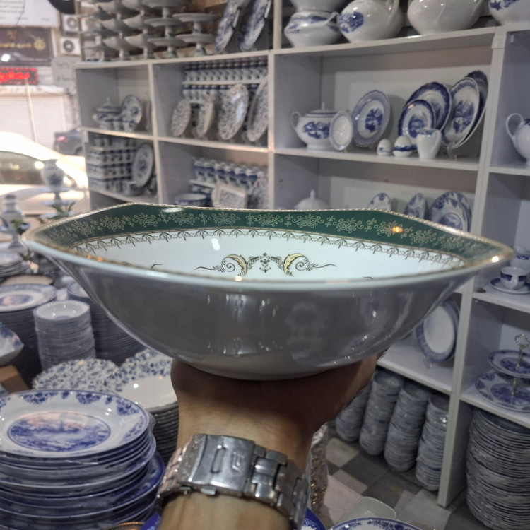 کاسه سالاد قالب مربع چینی پردیس کاشان طرح لیلی و مجنون سبز رنگ